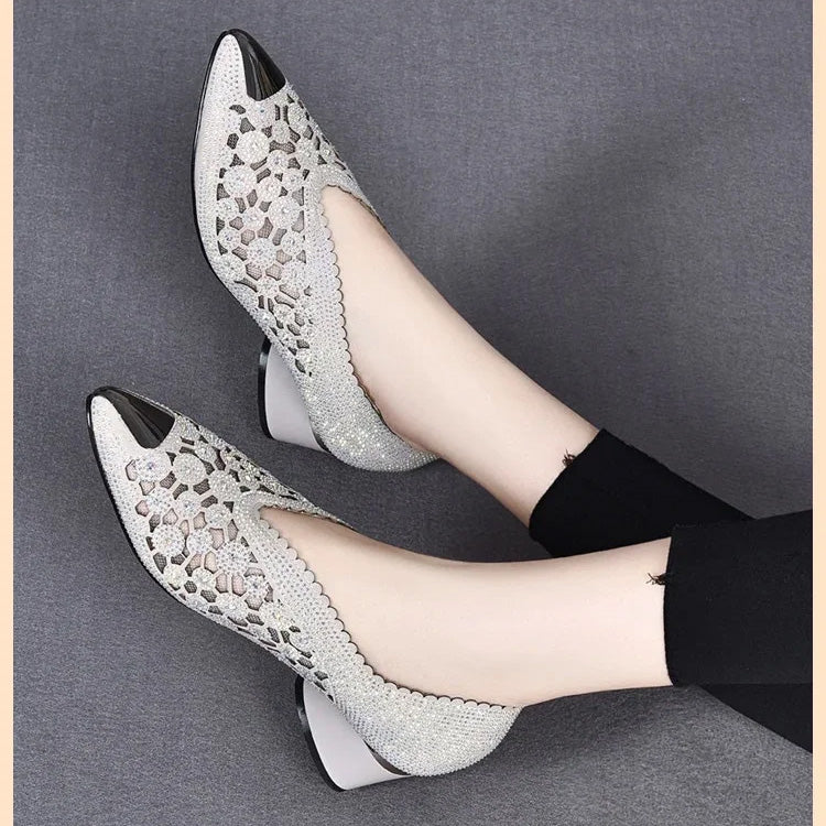 Fashionable pointed toe mesh hollow high heels