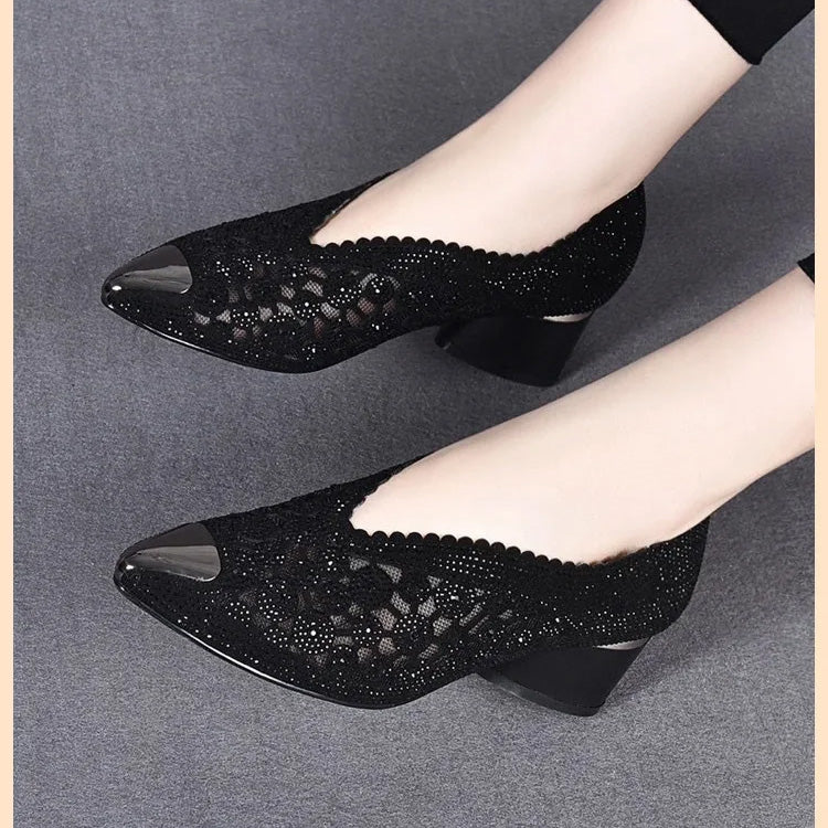 Fashionable pointed toe mesh hollow high heels