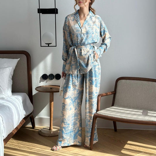mvp10-Fashion French Print Long Sleeve Tie Shirt High Waist Wide Leg Pants Women's Suit