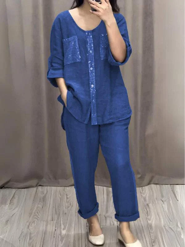 fam5-Summer Fashion Solid Color Cotton and Linen Sequin Two-piece Set