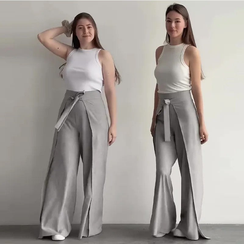 New Fashion Solid Color Lace-up Waist Wide Leg Pants