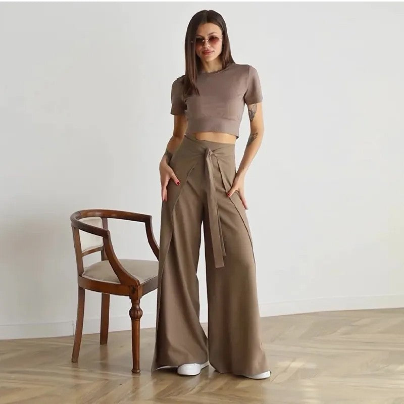 New Fashion Solid Color Lace-up Waist Wide Leg Pants