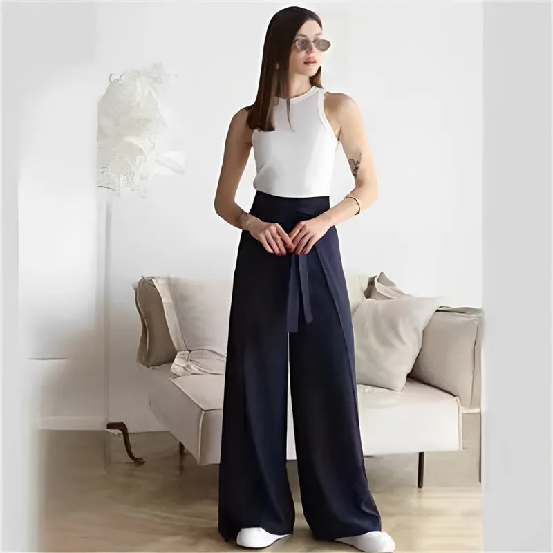New Fashion Solid Color Lace-up Waist Wide Leg Pants