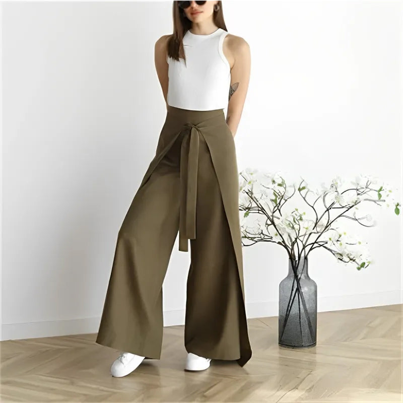 New Fashion Solid Color Lace-up Waist Wide Leg Pants