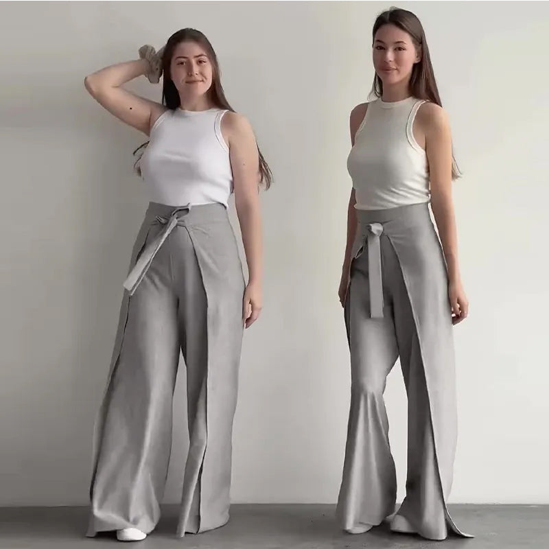 New Fashion Solid Color Lace-up Waist Wide Leg Pants