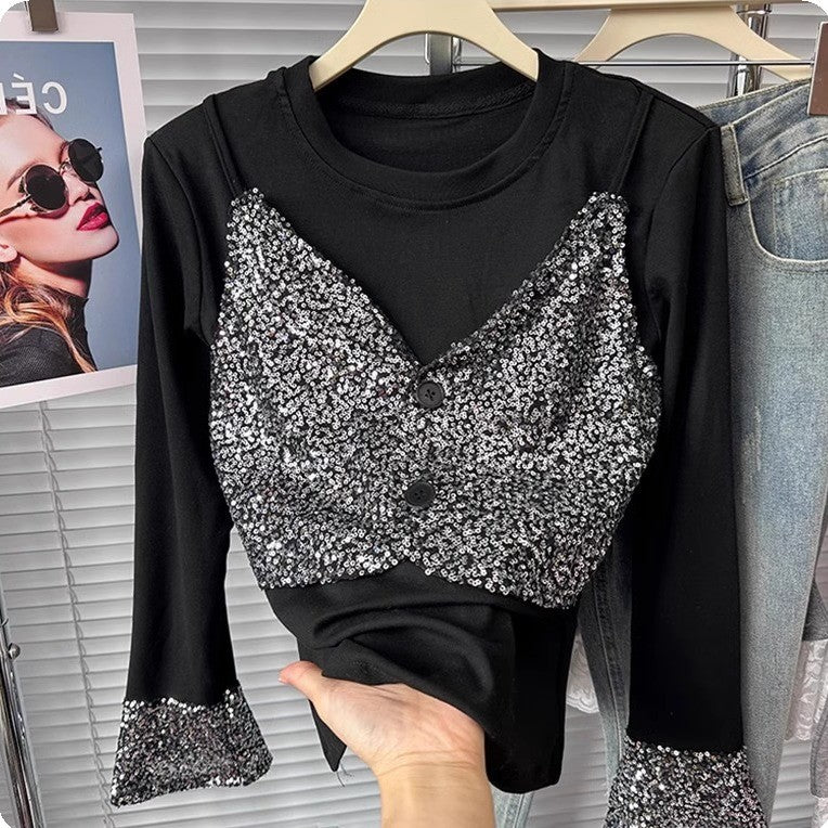 Women's heavy sequined fake two-piece bottoming shirt