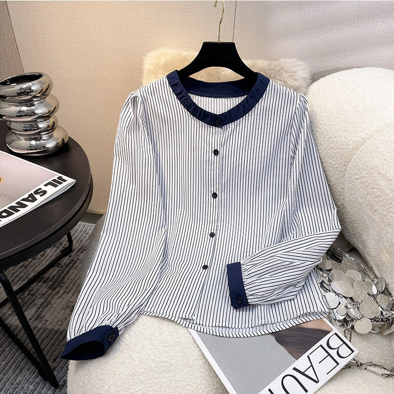 zp572-Women's round neck colorblock long sleeve striped shirt