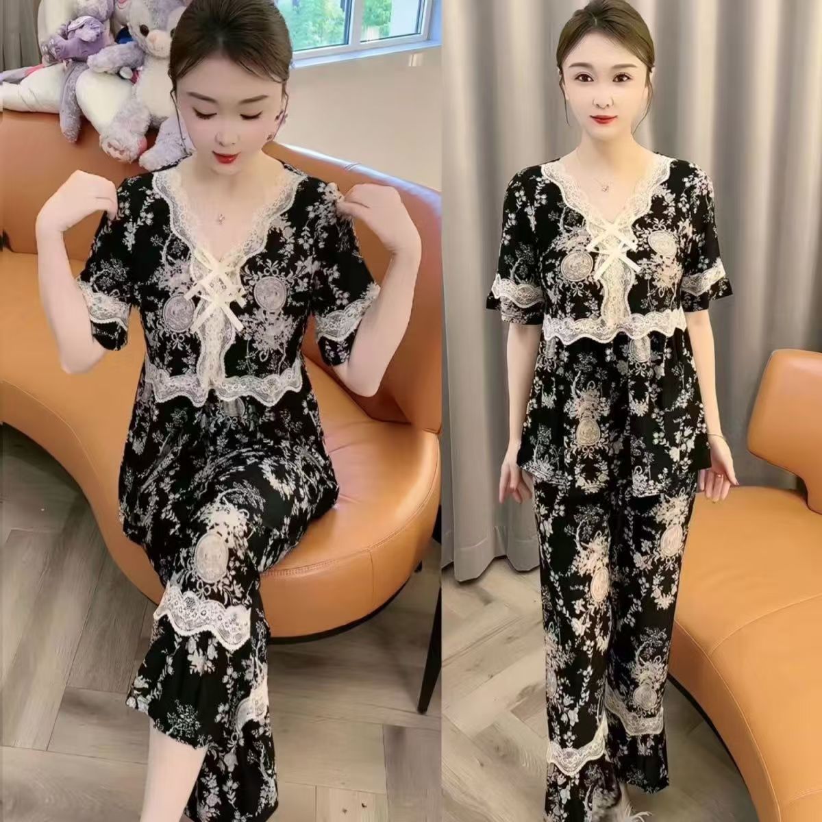 zp586-Ladies half-sleeve lace bow home wear suit
