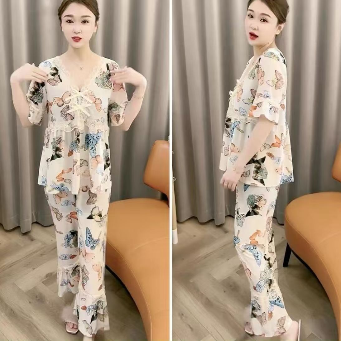 zp586-Ladies half-sleeve lace bow home wear suit