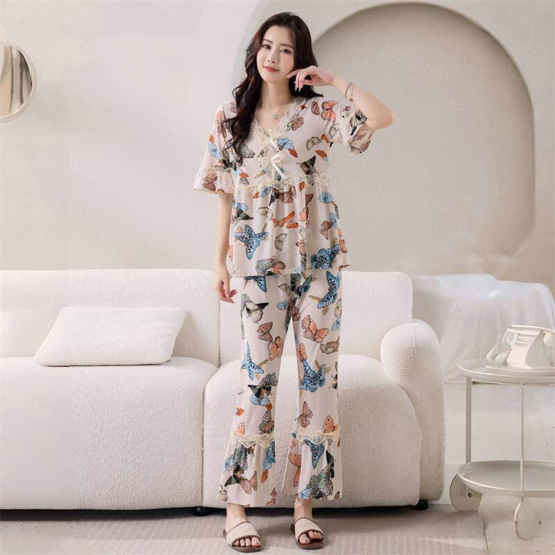 zp586-Ladies half-sleeve lace bow home wear suit