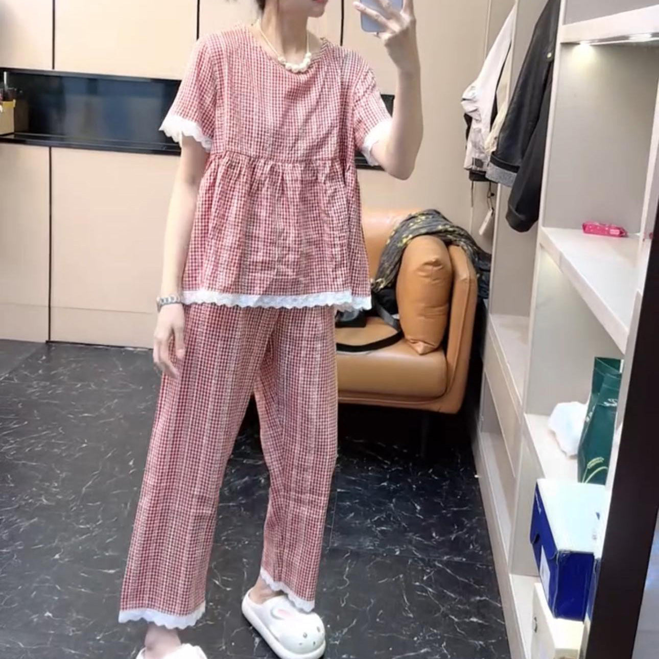 zp587-Women's plaid short-sleeved lace round neck home wear suit