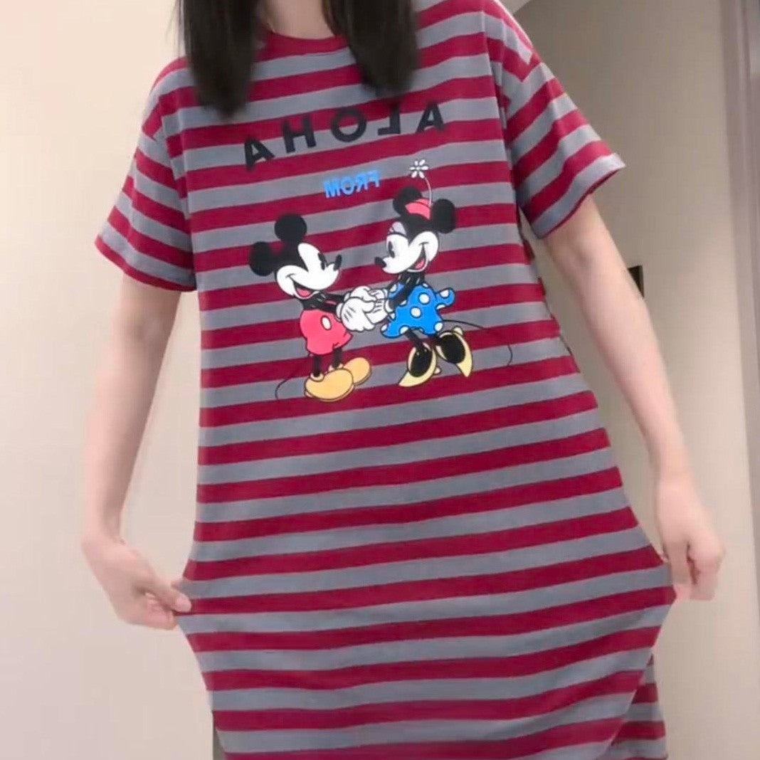 zp589-Women's striped short-sleeved nightdress
