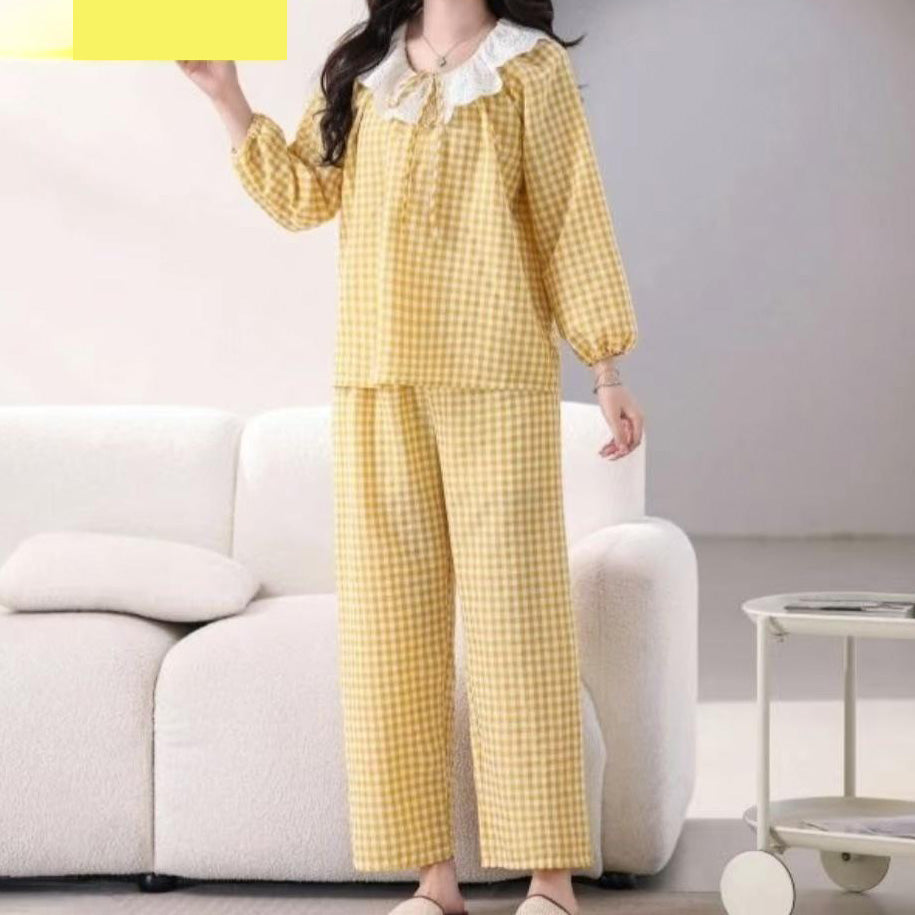 zp590-Bowknot lace plaid loose and comfortable women's pajamas and pants set
