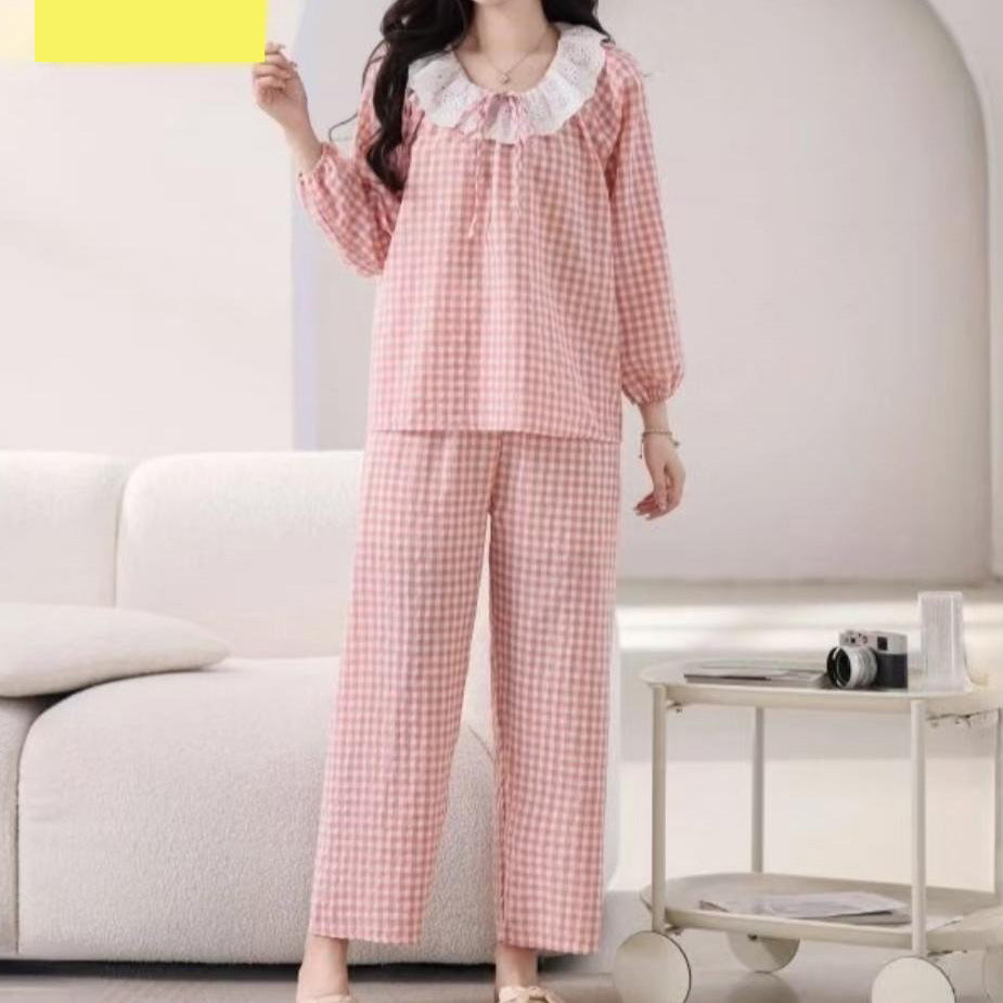 zp590-Bowknot lace plaid loose and comfortable women's pajamas and pants set