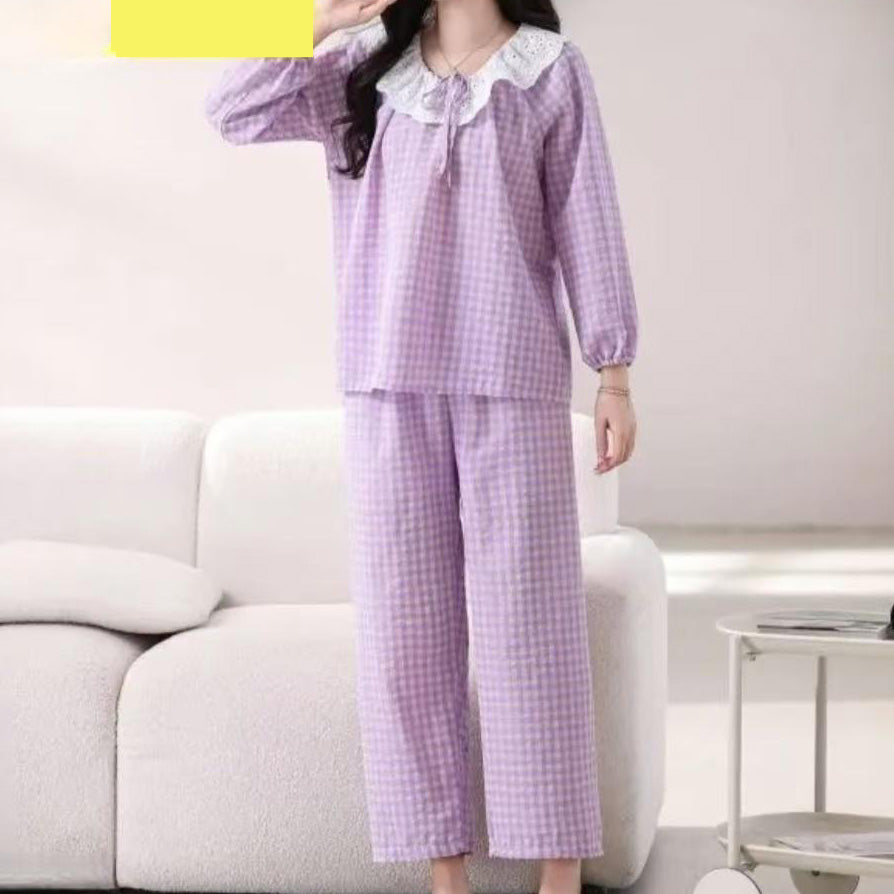 zp590-Bowknot lace plaid loose and comfortable women's pajamas and pants set