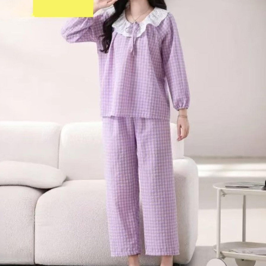 zp590-Bowknot lace plaid loose and comfortable women's pajamas and pants set