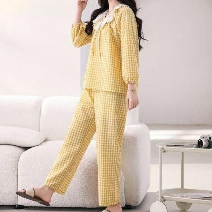 zp590-Bowknot lace plaid loose and comfortable women's pajamas and pants set
