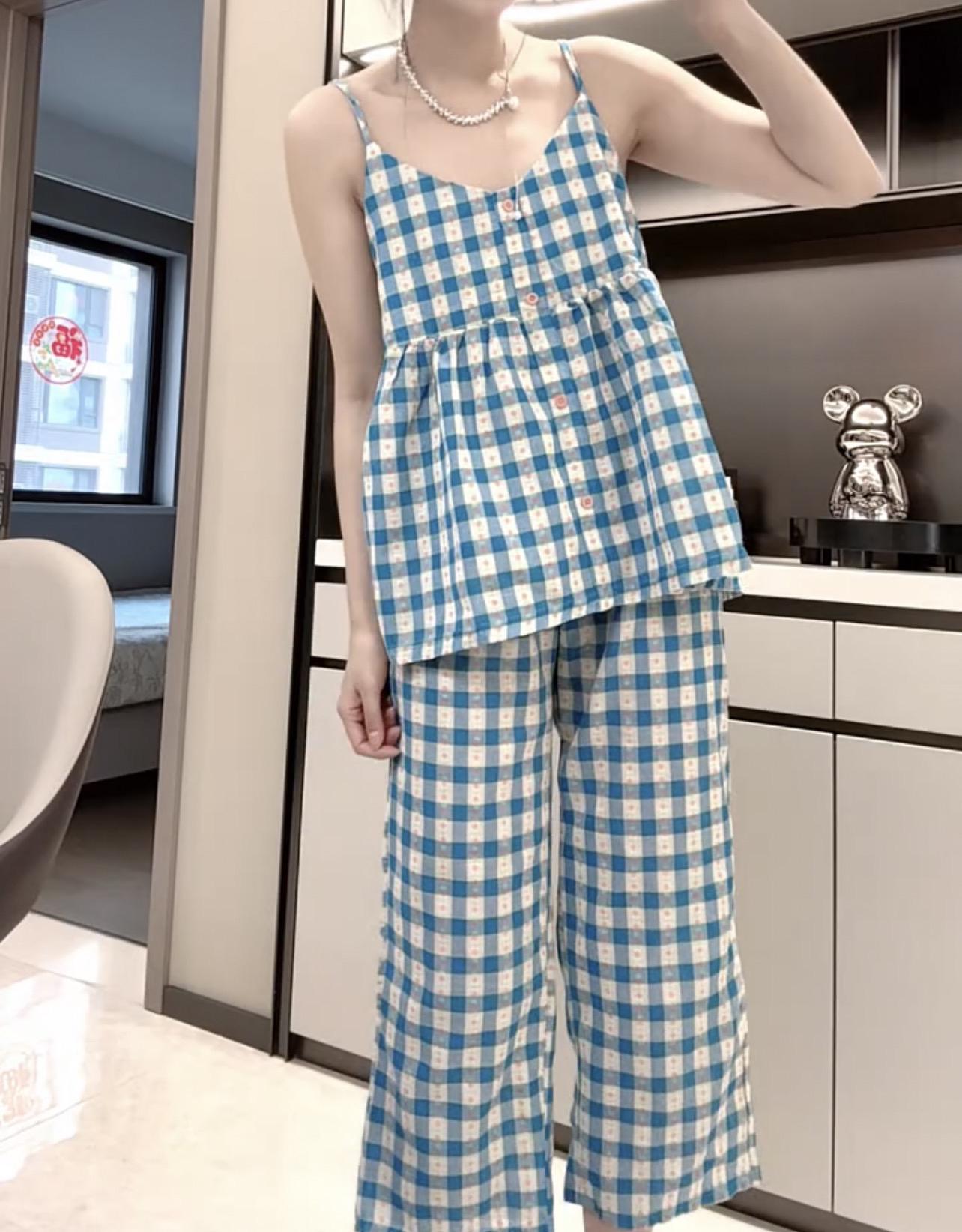 zp591-Suspender plaid loose and comfortable women's pajamas and pants set