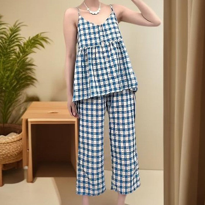 zp591-Suspender plaid loose and comfortable women's pajamas and pants set