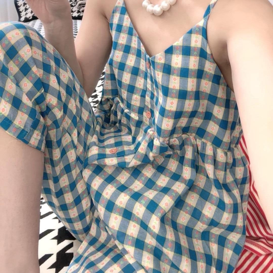 zp591-Suspender plaid loose and comfortable women's pajamas and pants set