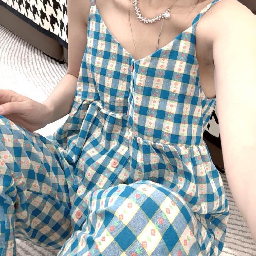zp591-Suspender plaid loose and comfortable women's pajamas and pants set