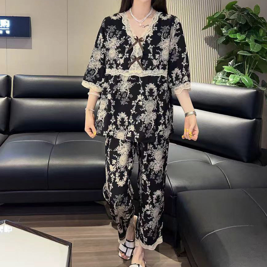 zp592-Lace Bowknot Fashion Loose Women's Pajama Set