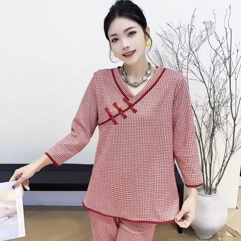 zp593-2025 New Oriental Style Plaid Print Pajamas Loose Set