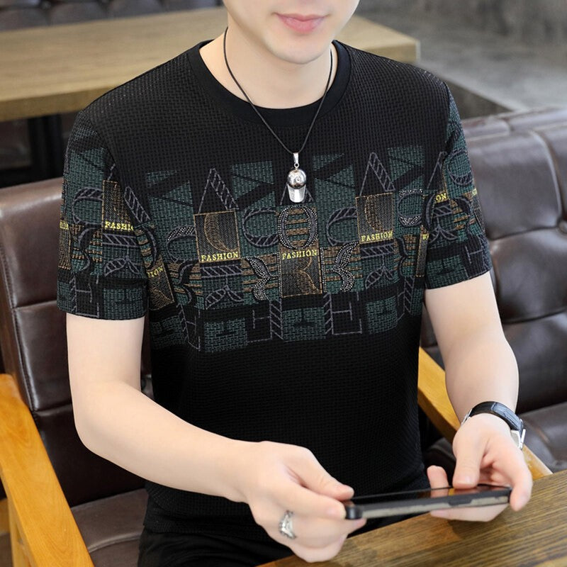 Summer Men's Ice Silk Short Sleeve Printed T-Shirt
