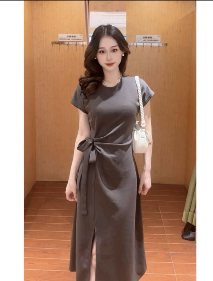 zp613-Women's summer lace-up waist slimming slit dress
