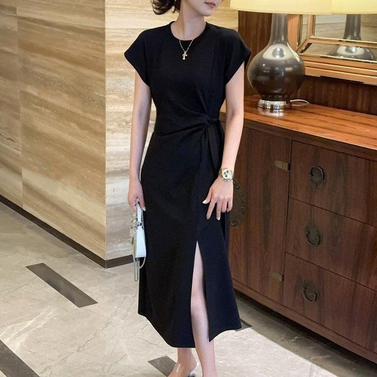 zp613-Women's summer lace-up waist slimming slit dress