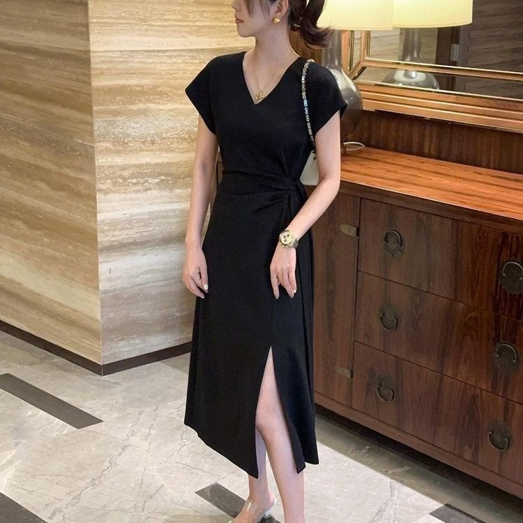 zp613-Women's summer lace-up waist slimming slit dress