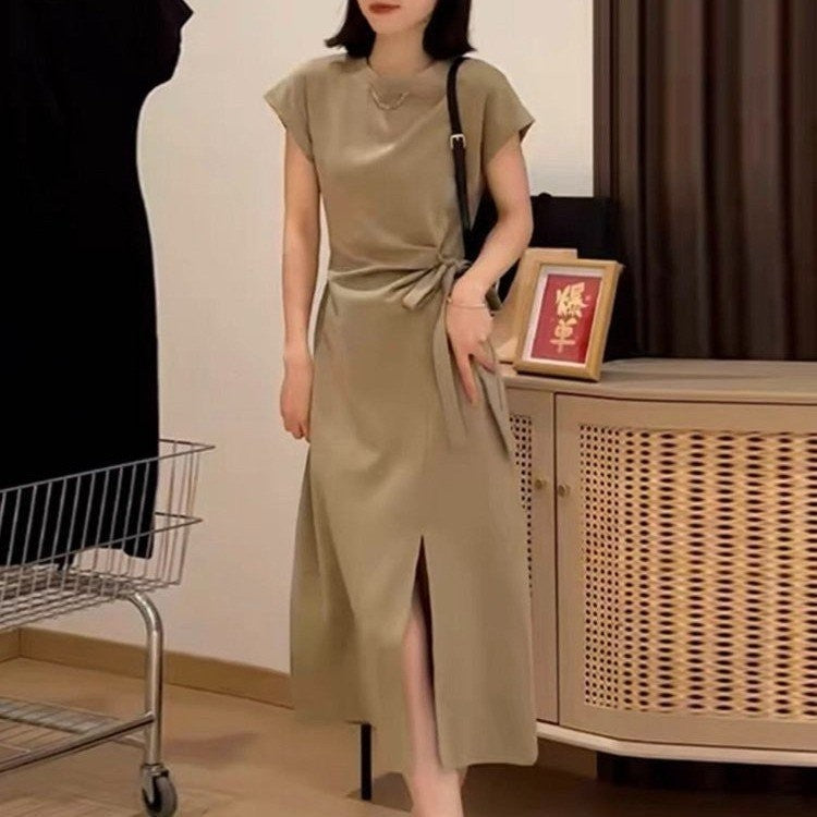 zp613-Women's summer lace-up waist slimming slit dress