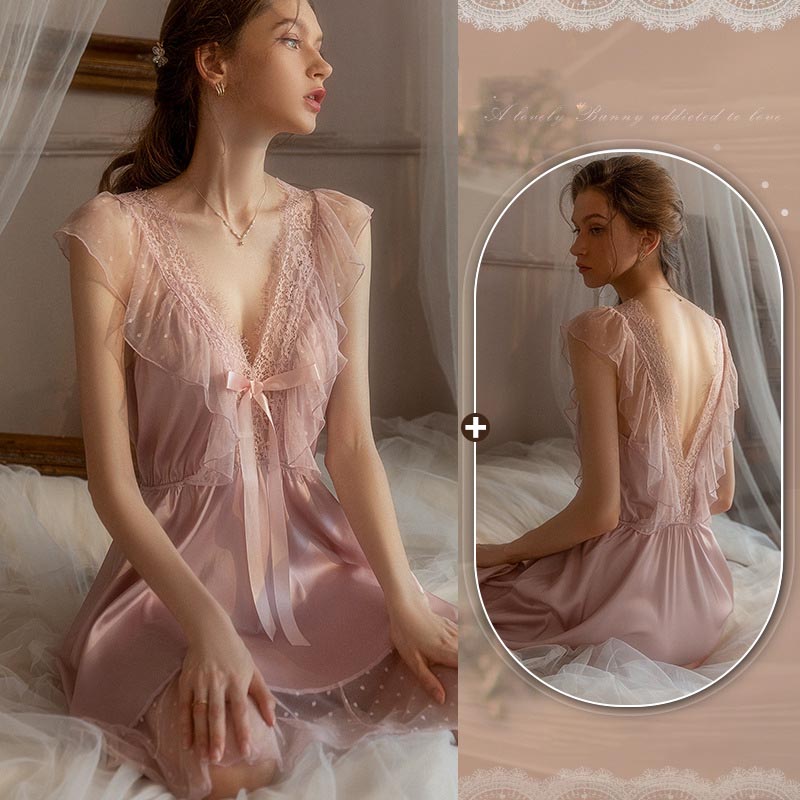 zp614-Women's summer French sexy polka dot ice silk nightdress