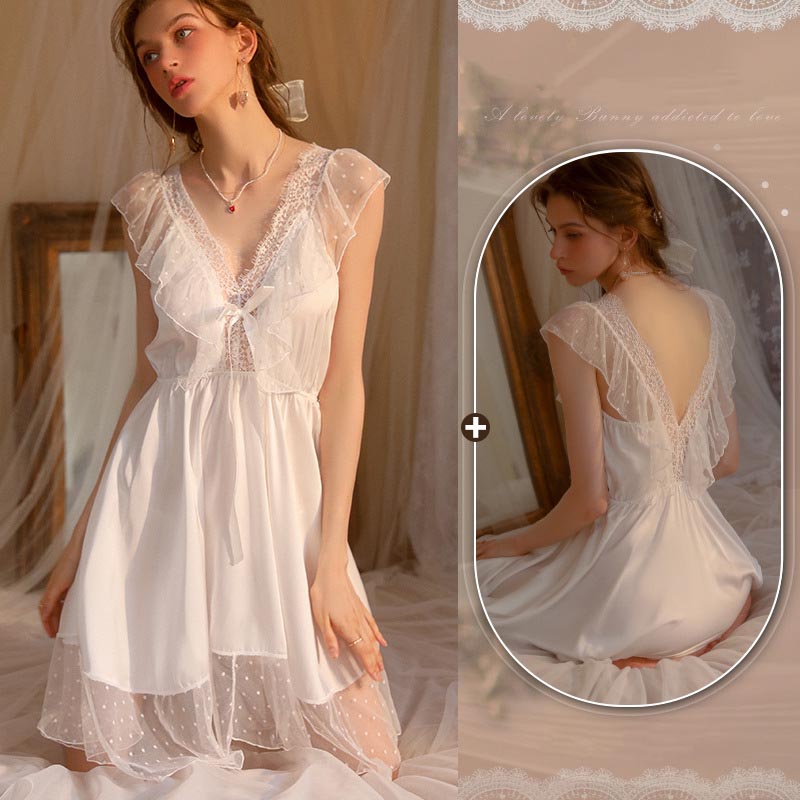 zp614-Women's summer French sexy polka dot ice silk nightdress