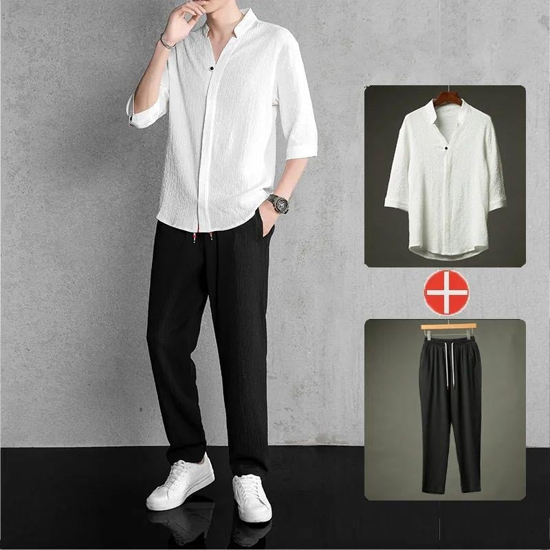 sau88-Men's cotton and linen short-sleeved T-shirt casual sports suit