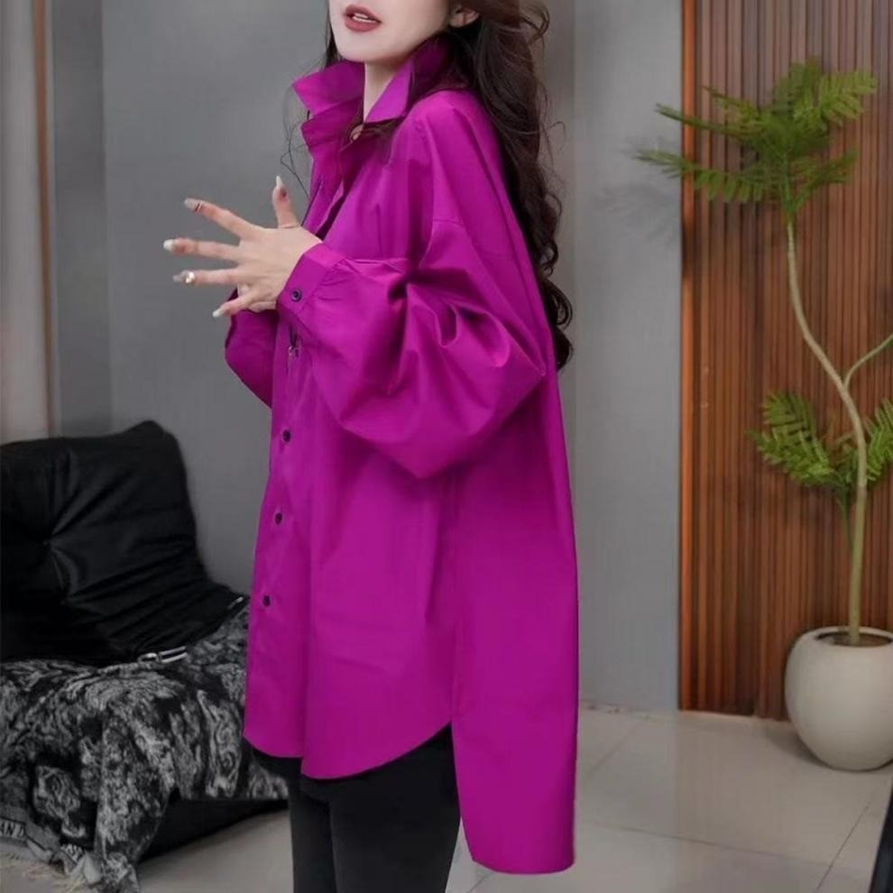 Fashionable and casual versatile long-sleeved belly-covering top shirt loose and slim mid-length shirt