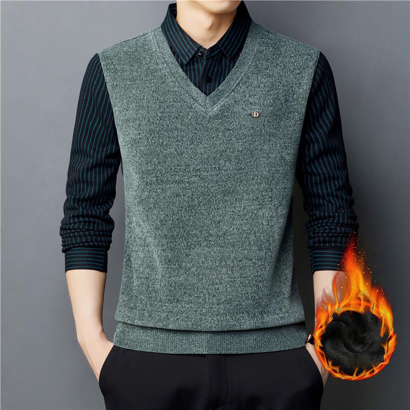 zd179-Men's autumn and winter velvet thickened chenille fake two-piece sweater