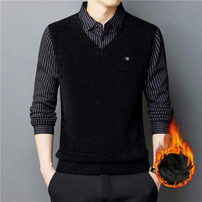 Men's autumn and winter velvet thickened chenille fake two-piece sweater 2024