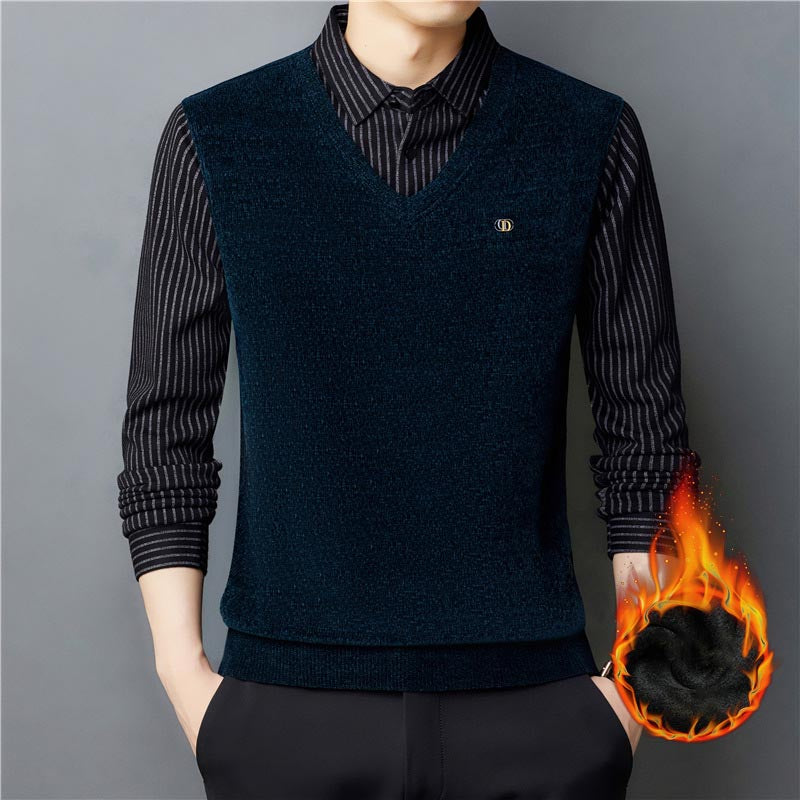 Men's autumn and winter velvet thickened chenille fake two-piece sweater 2024