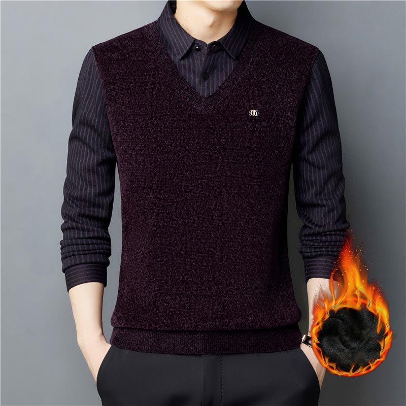 Men's autumn and winter velvet thickened chenille fake two-piece sweater 2024