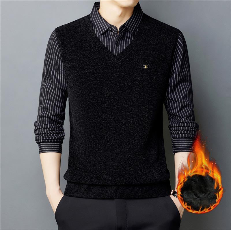 Men's autumn and winter velvet thickened chenille fake two-piece sweater 2024