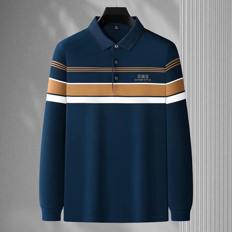 zd255-2024 autumn striped long-staple cotton embroidered polo shirt for men