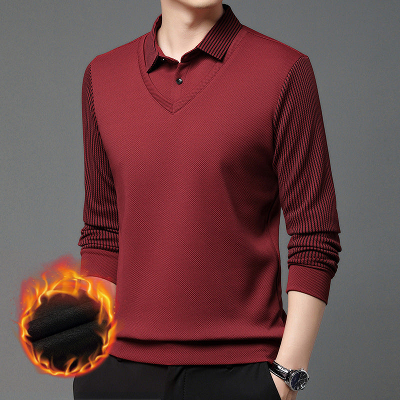 2024 men's winter velvet thickened fake two-piece long sleeves for men