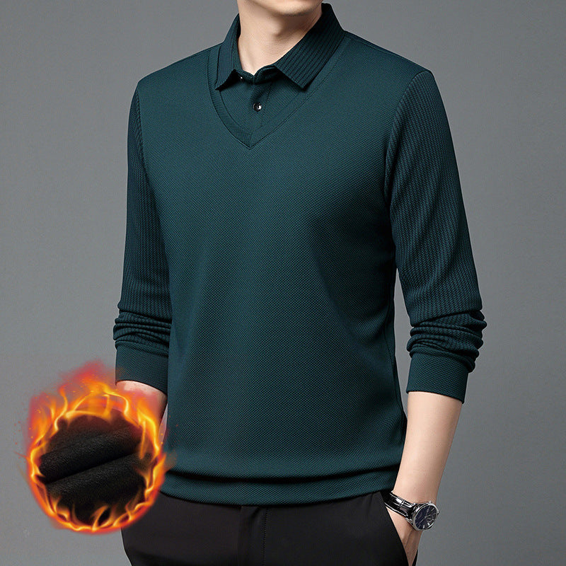 2024 men's winter velvet thickened fake two-piece long sleeves for men