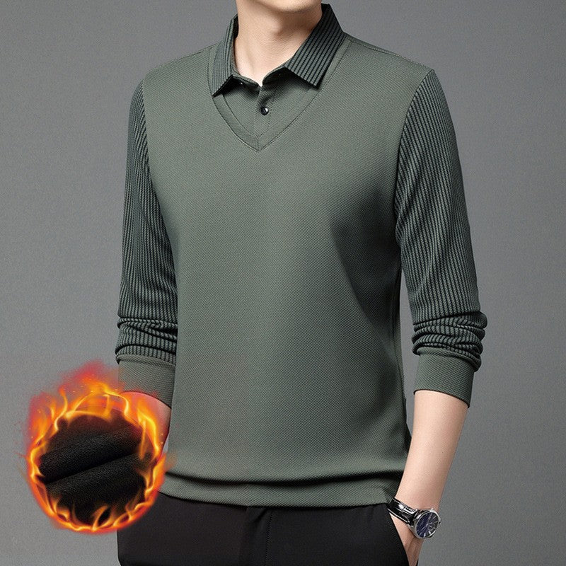 2024 men's winter velvet thickened fake two-piece long sleeves for men