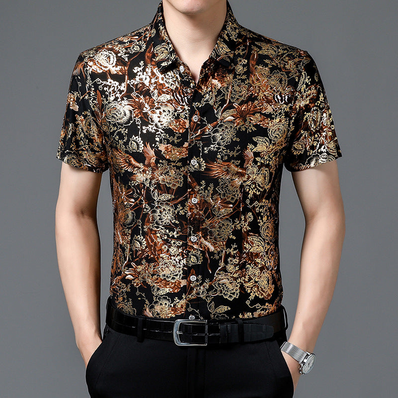 2024 middle-aged men’s ice silk short-sleeved floral shirt