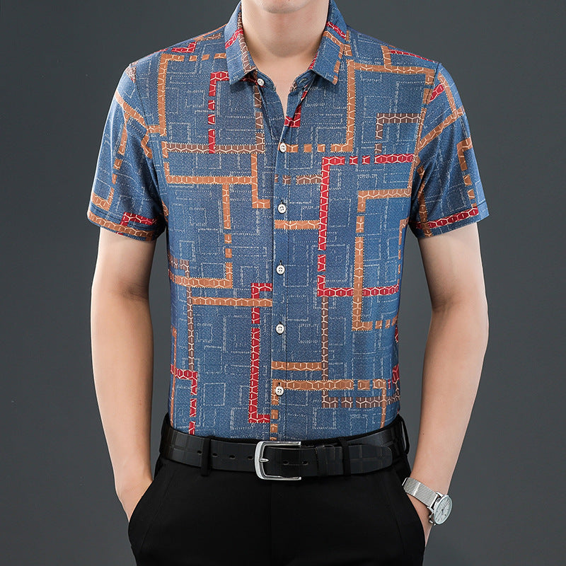 2024 middle-aged men’s ice silk short-sleeved floral shirt