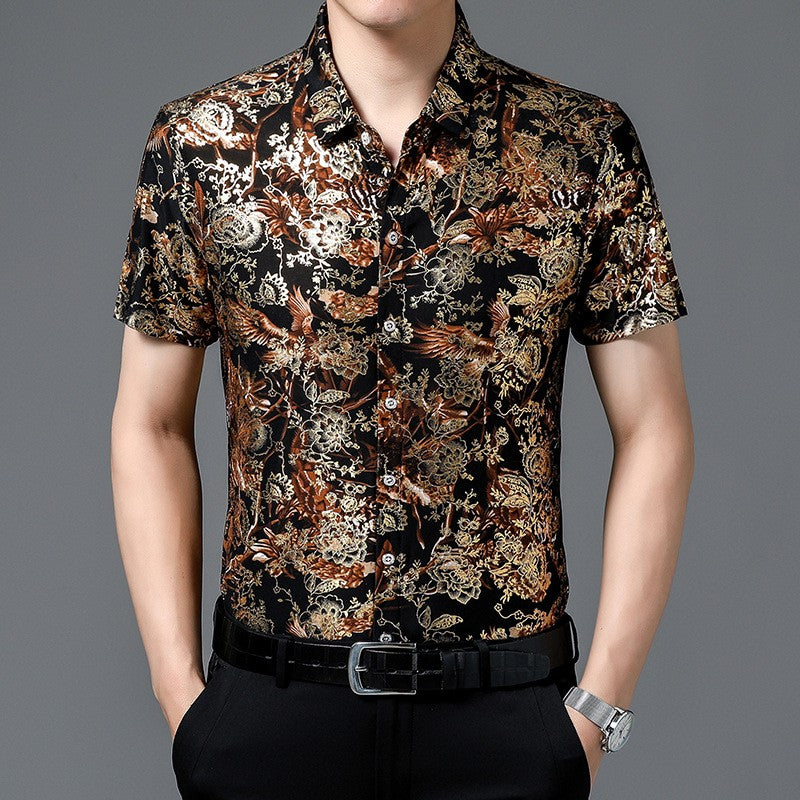 2024 middle-aged men’s ice silk short-sleeved floral shirt