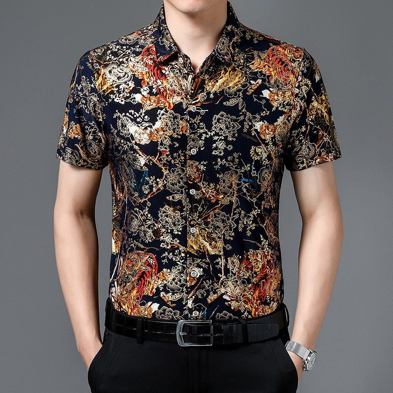 2024 middle-aged men’s ice silk short-sleeved floral shirt