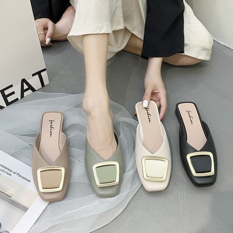 ae484-2024 fashionable square buckle thick heel soft sole sandals for women